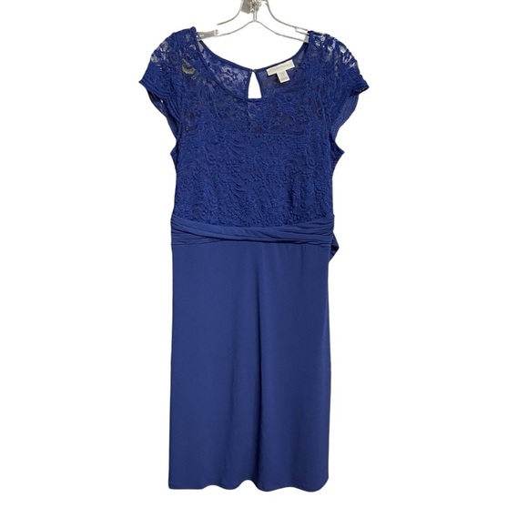 Motherhood Maternity Cap Sleeve Lace Inlet Dress Size M Royal Blue Back Tie - Picture 3 of 13
